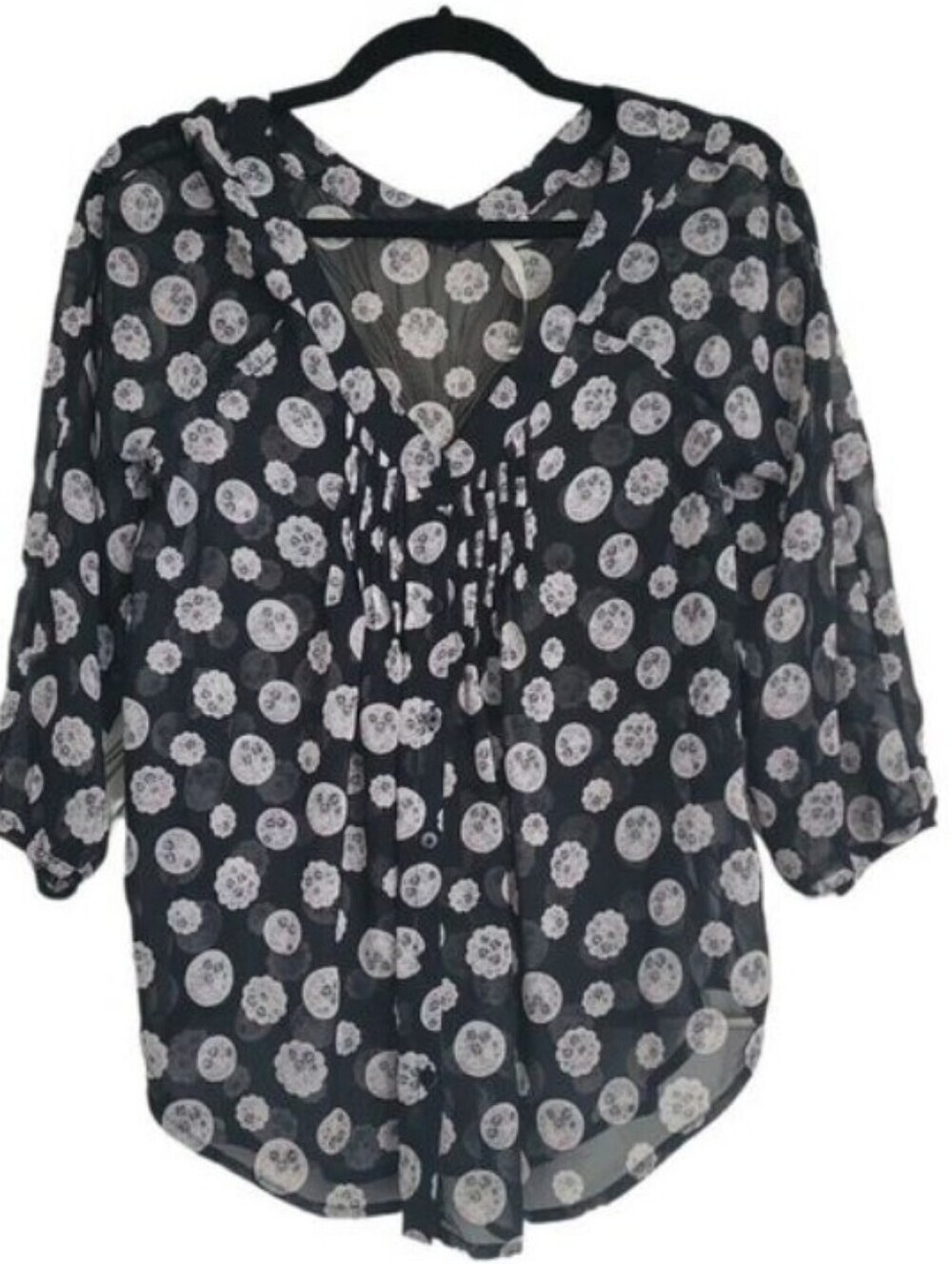LC Lauren Conrad Semi Sheer Chiffon Black Floral Pleat Button Front Blouse XS